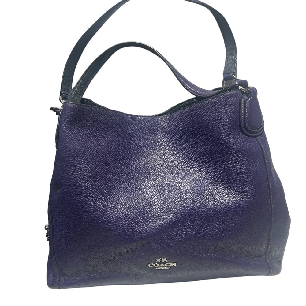 Purple leather Coach Edie shoulder bag featuring silver-tone hardware. - Picture 2 of 10